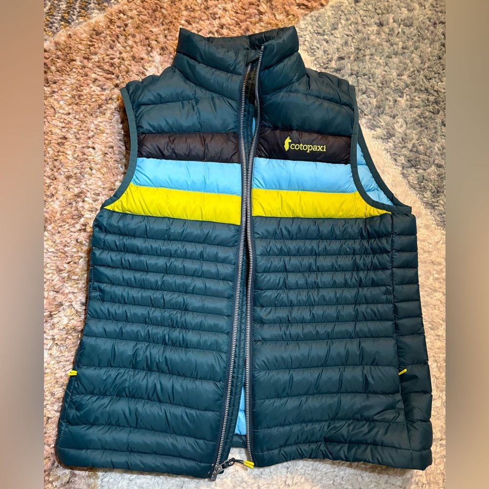 Like New Cotopaxi Down Teal Puffer Vest with Black, Blue and Yellow Stripes